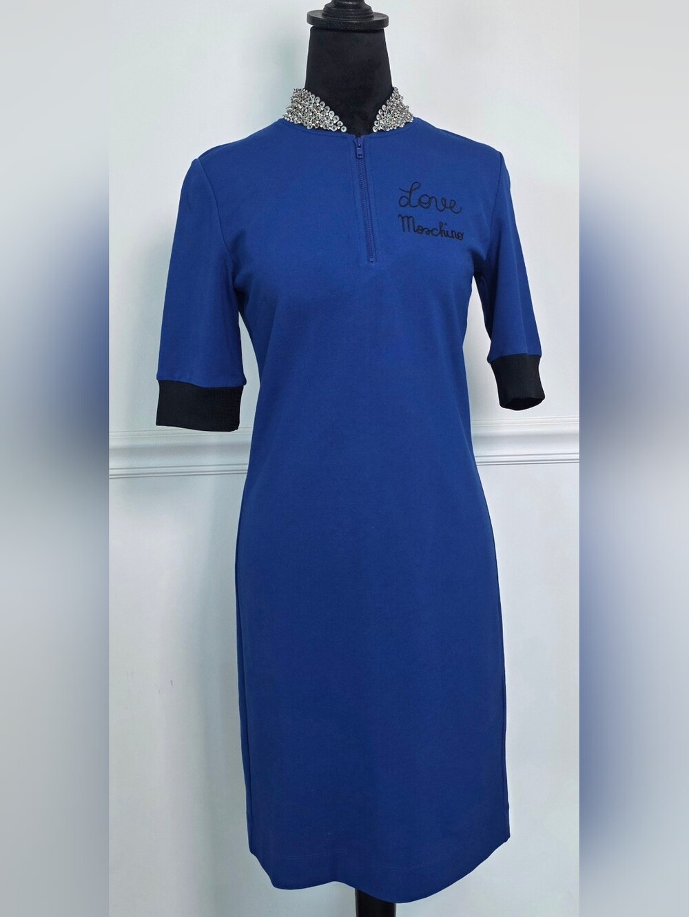 Love Moschino Blue Midi Dress US 6 IT 40 Embellished Sequin Collar Logo Zip